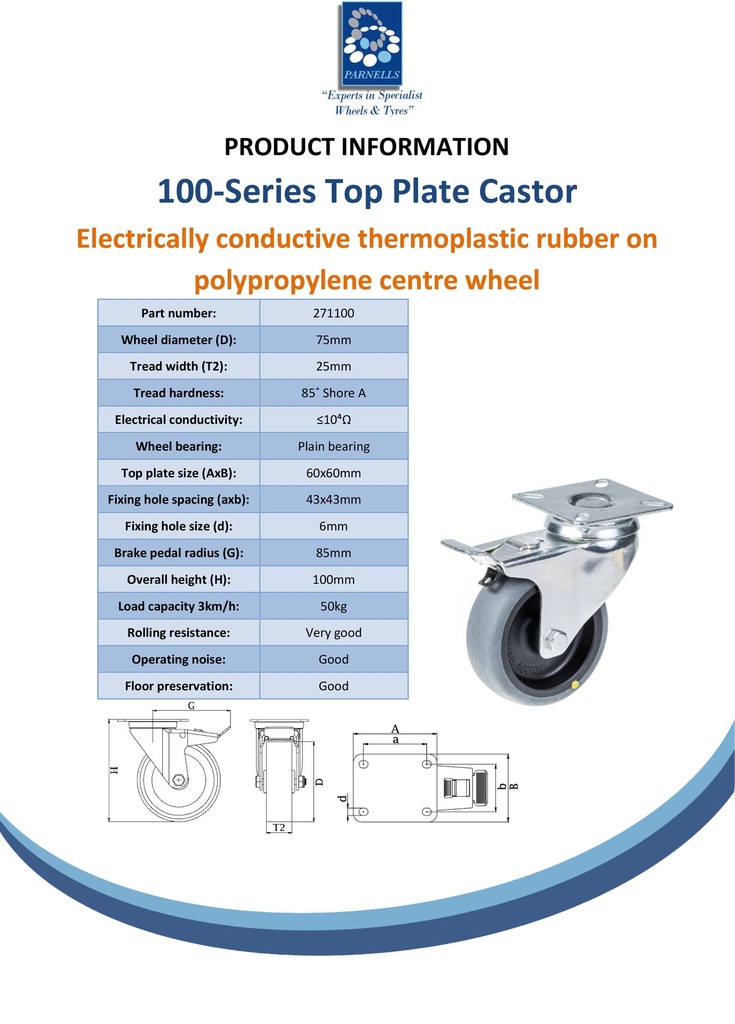 100 series 75mm swivel/brake top plate 60x60mm castor with electrically conductive grey TPR-rubber on polypropylene centre plain bearing wheel 50kg - Spec sheet