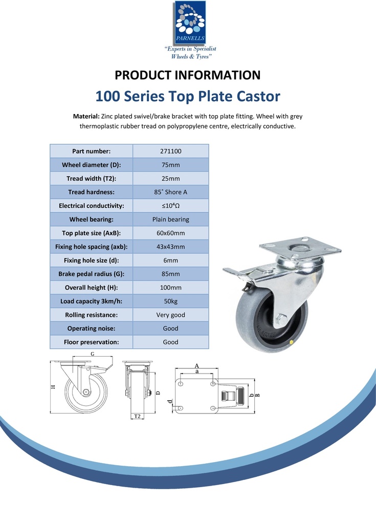 100 series 75mm swivel/brake top plate 60x60mm castor with electrically conductive grey TPR-rubber on polypropylene centre plain bearing wheel 50kg - Spec sheet