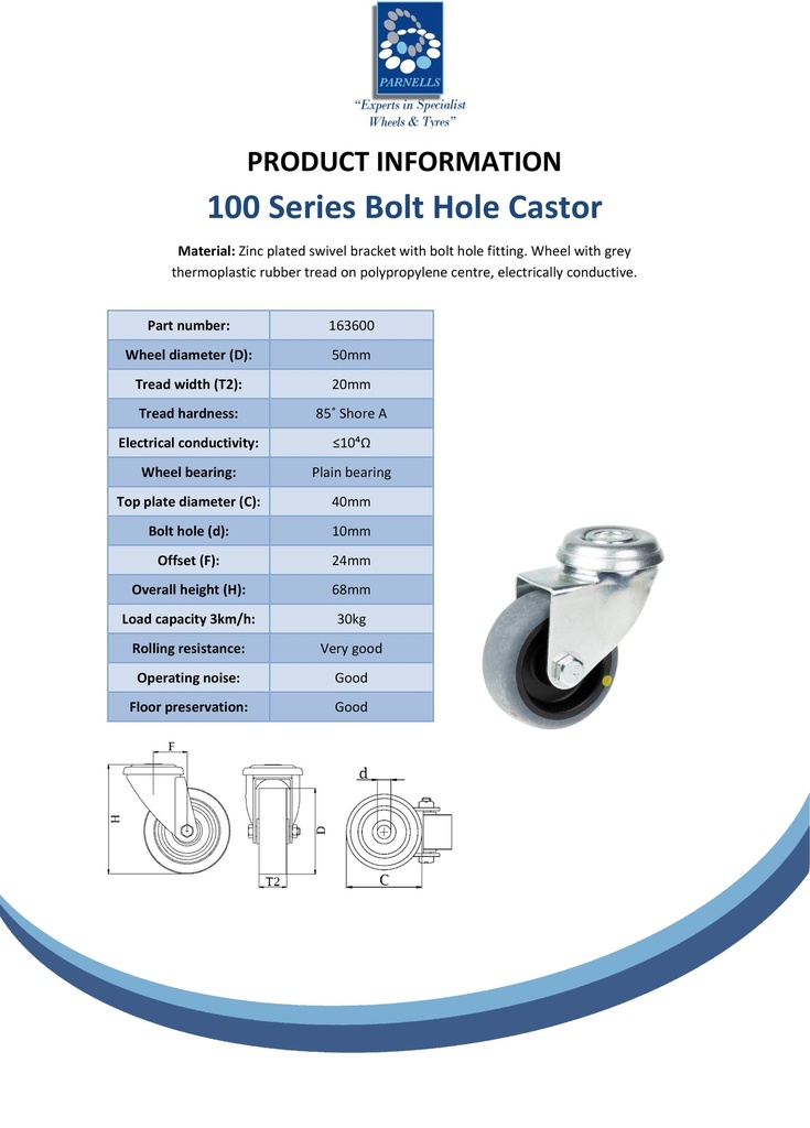 100 series 50mm swivel bolt hole 10mm castor with electrically conductive grey TPR-rubber on polypropylene centre plain bearing wheel 30kg - Spec sheet