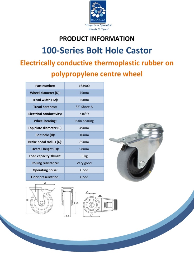 100 series 75mm swivel/brake bolt hole 10mm castor with electrically conductive grey TPR-rubber on polypropylene centre plain bearing wheel 50kg - Spec sheet