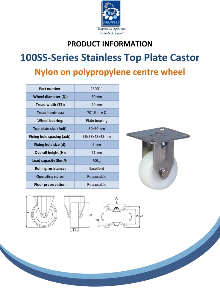 100SS series 50mm stainless steel fixed top plate 60x60mm castor with nylon plain bearing wheel 50kg - Spec sheet