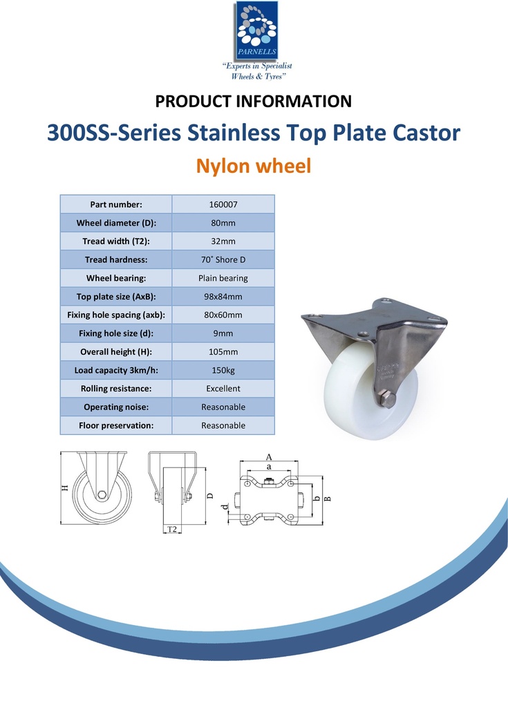 300SS series 80mm stainless steel fixed top plate 100x85mm castor with nylon plain bearing wheel 150kg - Spec sheet