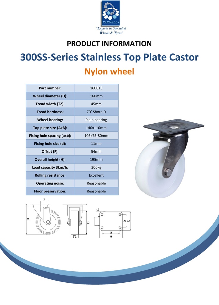 300SS series 160mm stainless steel swivel top plate 140x110mm castor with nylon plain bearing wheel 300kg - Spec sheet