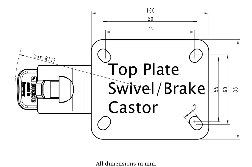 400SS series 100mm stainless steel swivel/brake top plate 100x85mm - Plate drawing