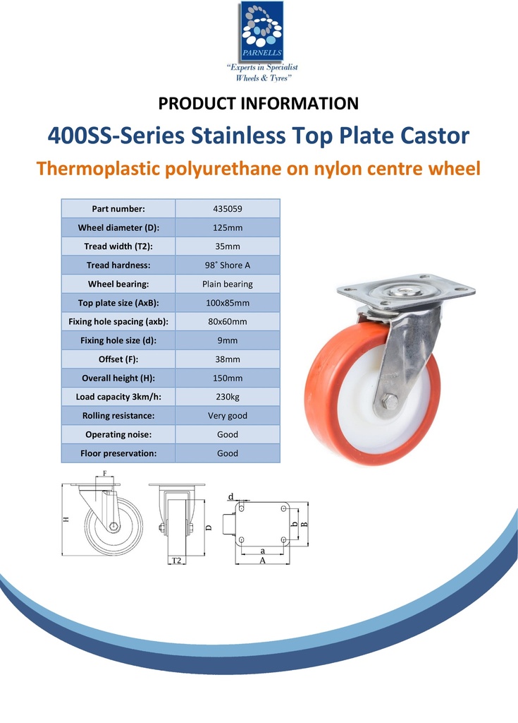 400SS series 125mm stainless steel swivel top plate 100x85mm castor with polyurethane on nylon centre plain bearing wheel 230kg