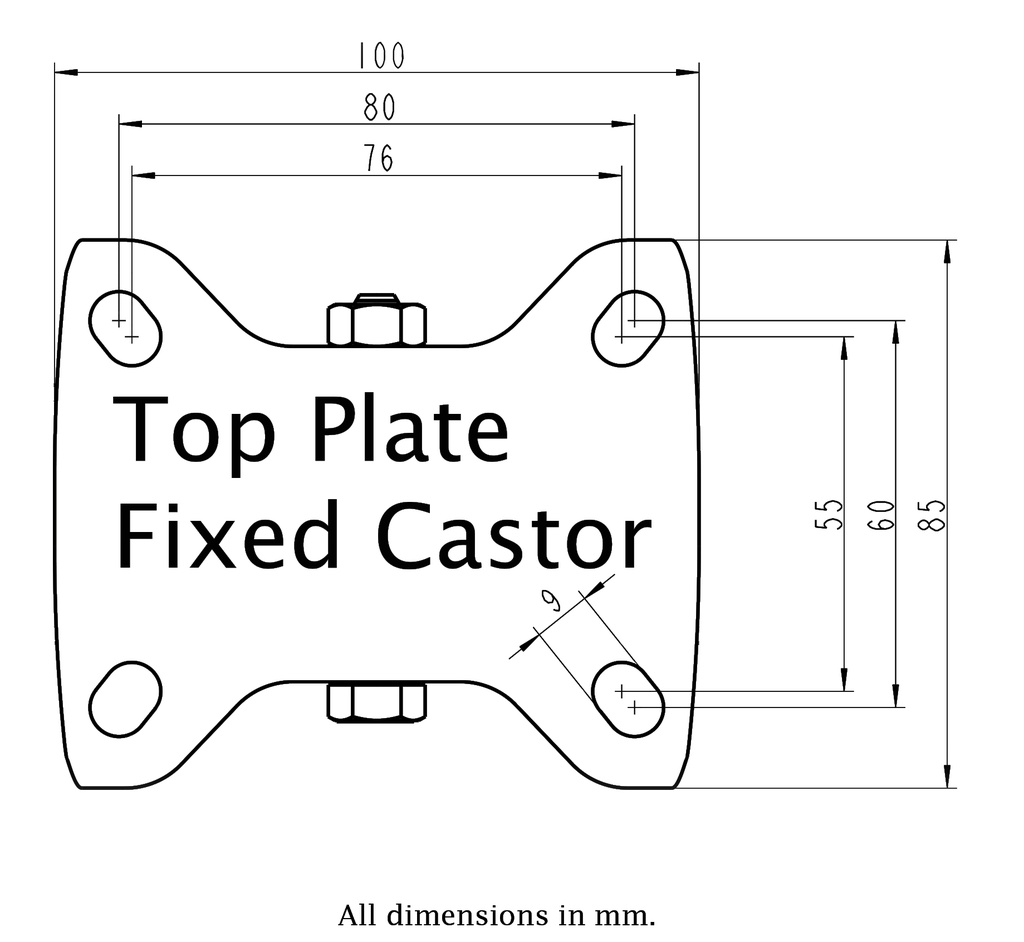 400SS series 125mm stainless steel fixed top plate 100x85mm - Plate drawing