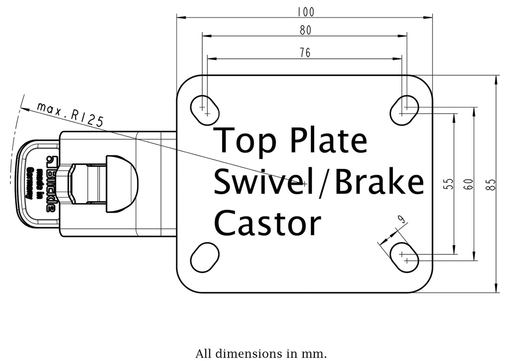 400SS series 125mm stainless steel swivel/brake top plate 100x85mm - Plate drawing