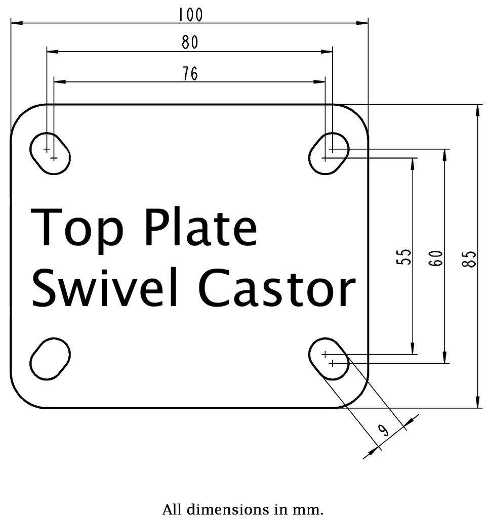 400SS series 100mm stainless steel swivel top plate 100x85mm - Plate drawing