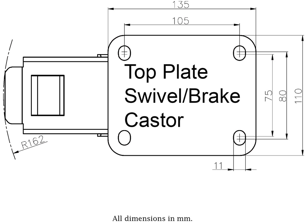 800 series 125mm swivel/brake top plate 135x110mm - plate dimensions