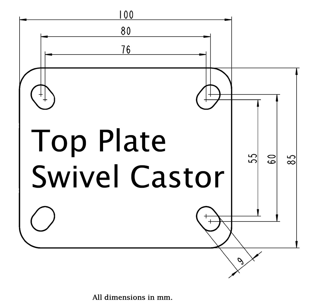 800SS series 100mm stainless steel swivel top plate 100x85mm - Plate drawing