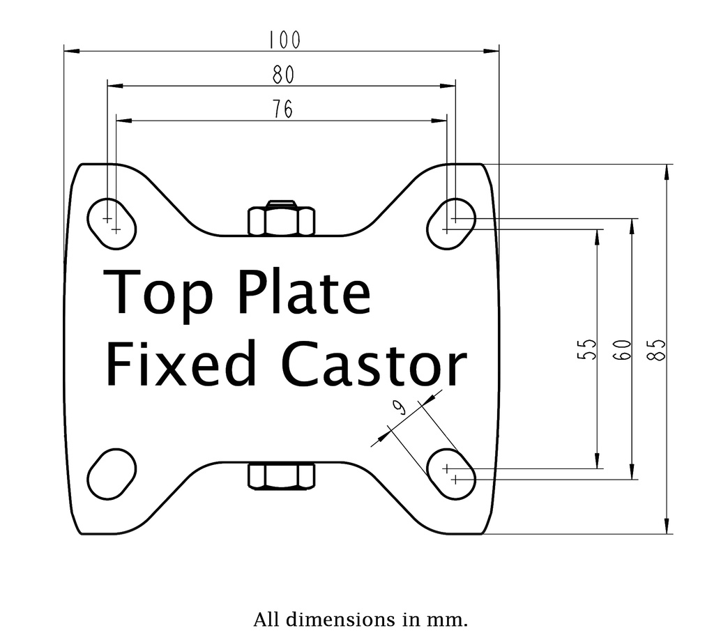 800SS series 125mm stainless steel fixed top plate 100x85mm - Plate drawing