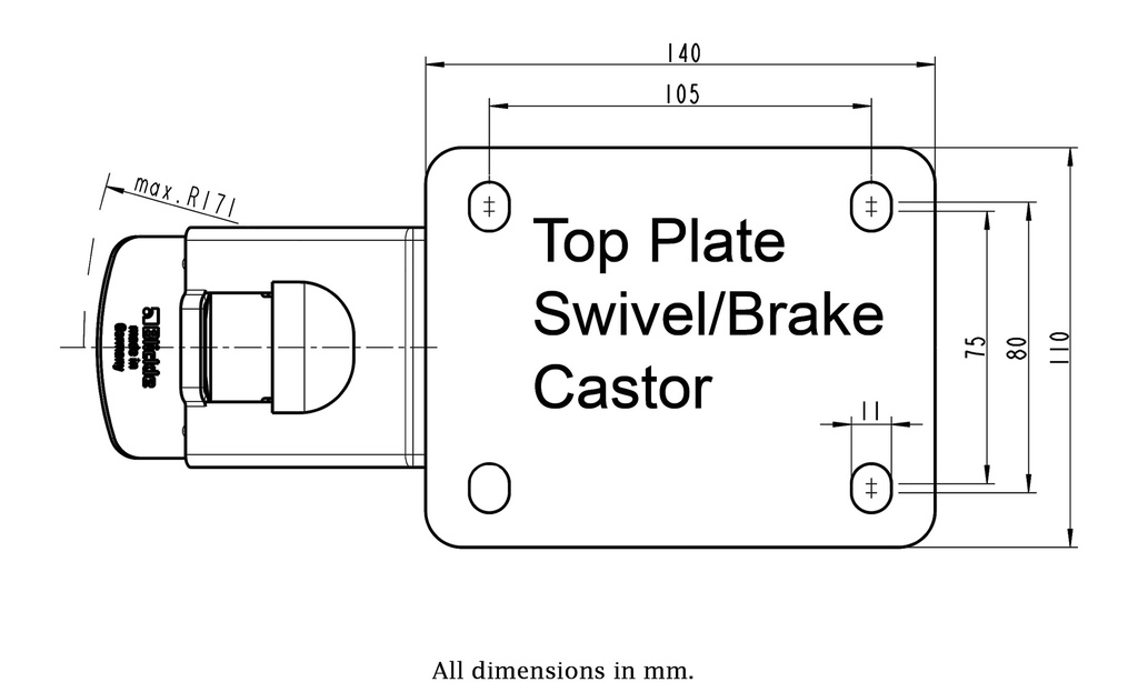 800SS series 150mm stainless steel swivel/brake top plate 140x110mm - Plate drawing