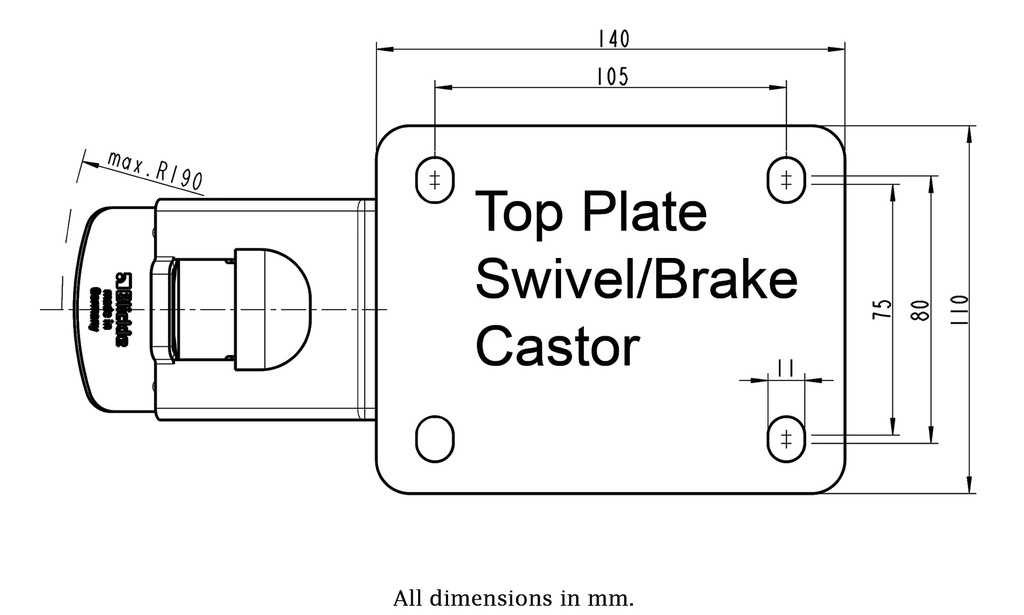 800SS series 200mm stainless steel swivel/brake top plate 140x110mm - Plate drawing