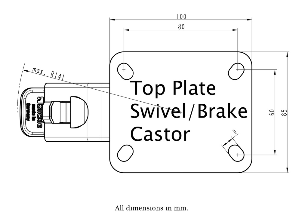 800SS series 100mm stainless steel swivel/brake top plate 100x85mm - Plate drawing