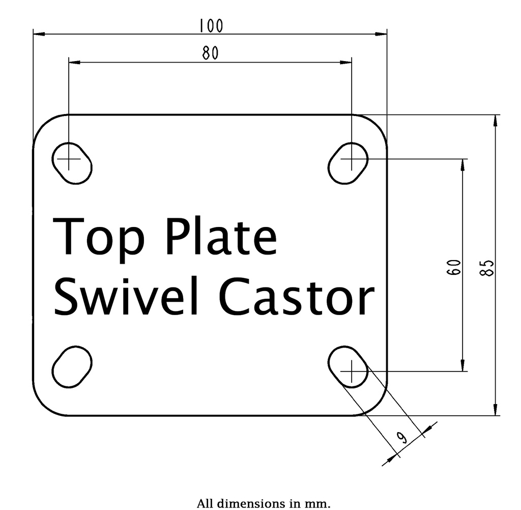 800SS series 125mm stainless steel swivel top plate 100x85mm - Plate drawing