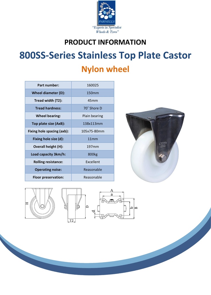 800SS series 150mm stainless steel fixed top plate 140x110mm castor with nylon plain bearing wheel 800kg - Spec sheet