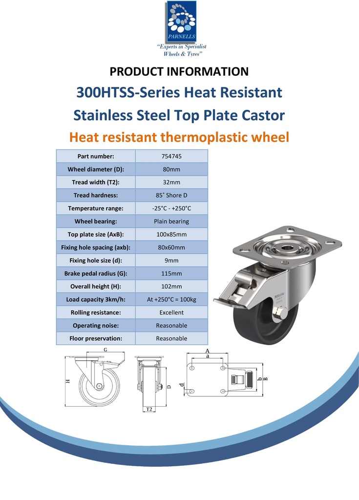 300HTSS series 80mm stainless steel swivel/brake top plate 100x85mm castor with heat resistant thermoplastic plain bearing wheel 100kg - Spec sheet
