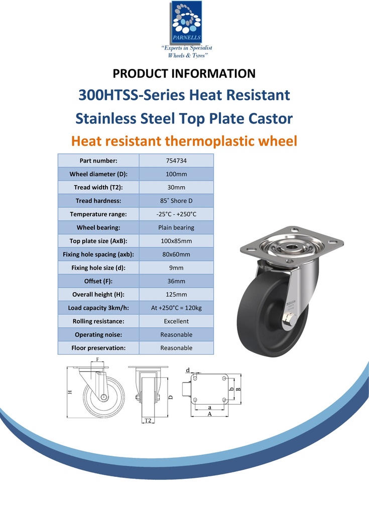 300HTSS series 100mm stainless steel swivel top plate 100x85mm castor with heat resistant thermoplastic plain bearing wheel 120kg - Spec sheet