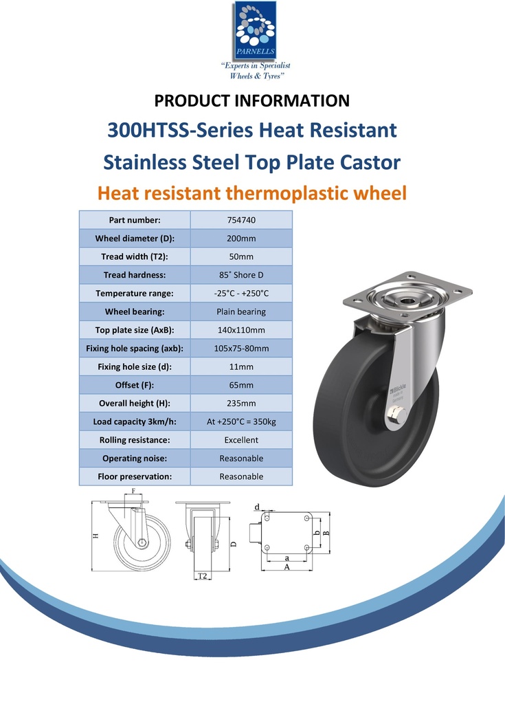 300HTSS series 200mm stainless steel swivel top plate 140x110mm castor with heat resistant thermoplastic plain bearing wheel 350kg - Spec sheet