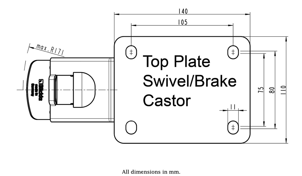 300HTSS series 150mm stainless steel swivel/brake top plate 140x110mm - Plate drawing