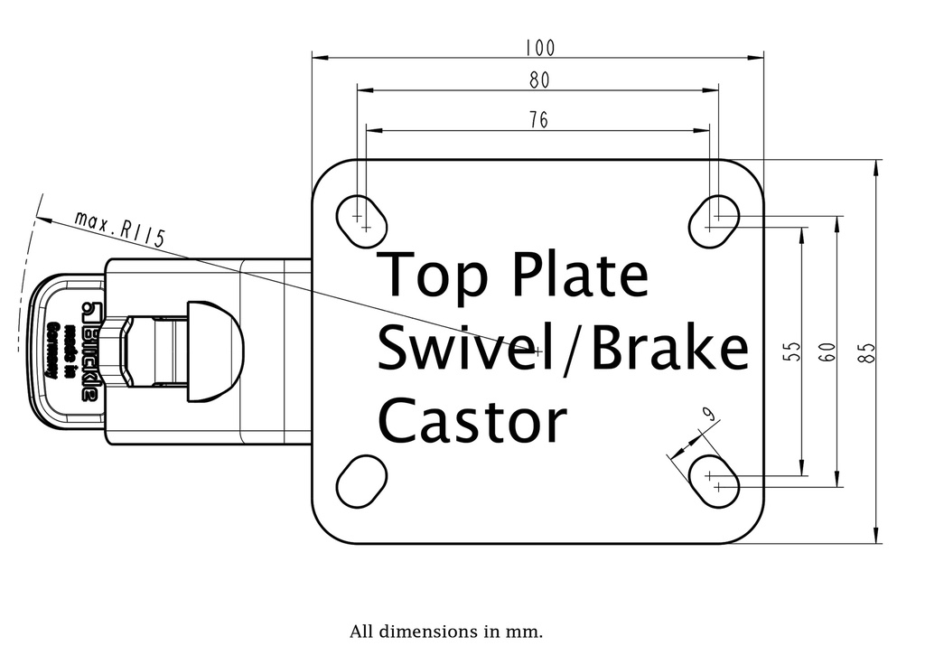 300HT series 80mm swivel/brake top plate 100x85mm - Plate drawing
