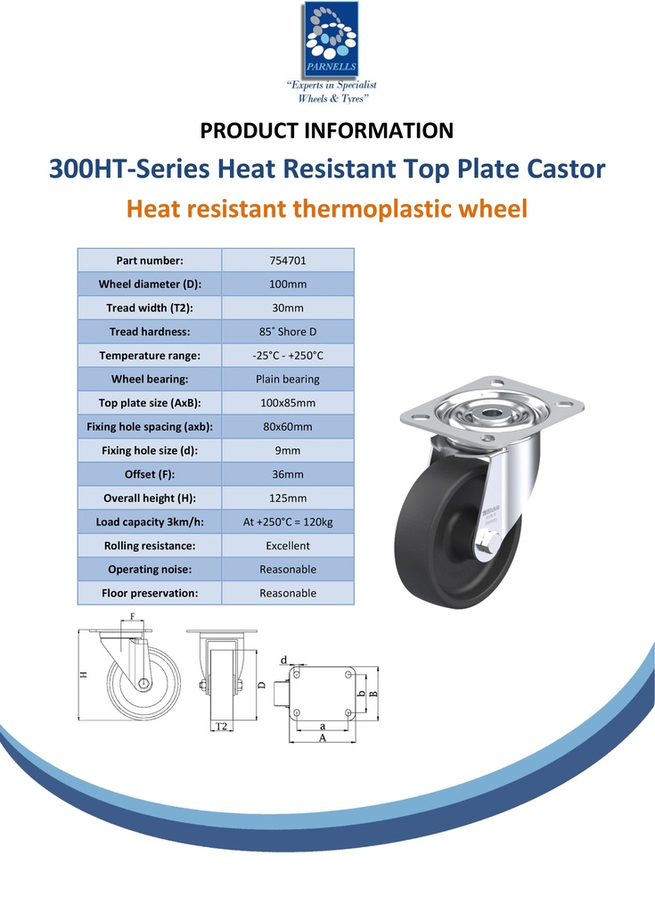 300HT series 100mm swivel top plate 100x85mm castor with heat resistant thermoplastic plain bearing wheel 150kg - Spec sheet