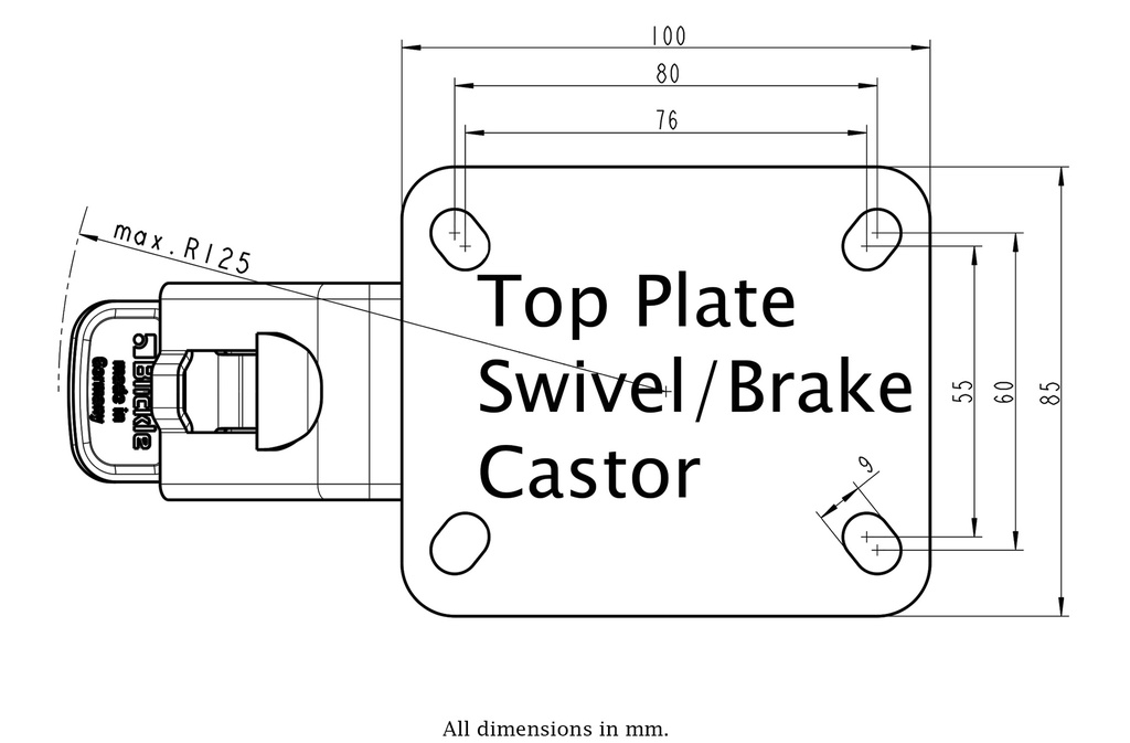 300HT series 125mm swivel/brake top plate 100x85mm - Plate drawing
