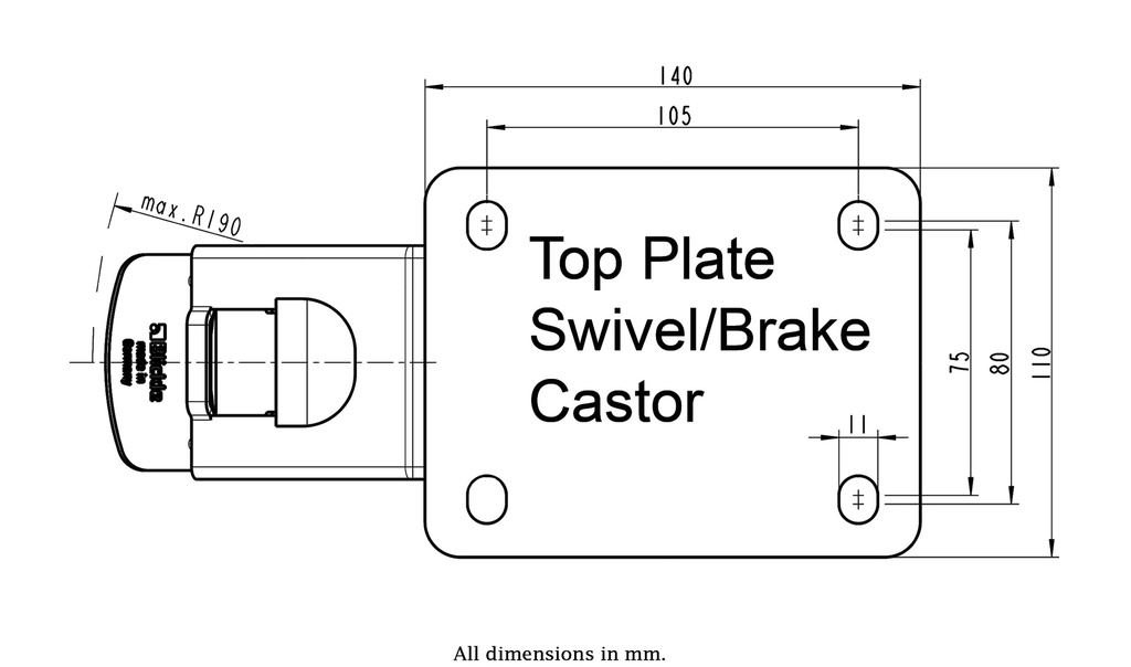 300HT series 200mm swivel/brake top plate 140x110mm - Plate drawing