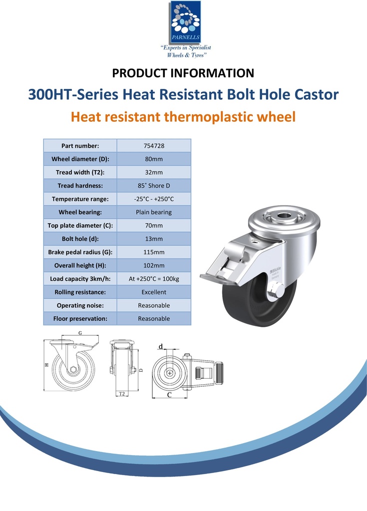 300HT series 80mm swivel/brake bolt hole 13mm castor with heat resistant thermoplastic plain bearing wheel 100kg - Spec sheet