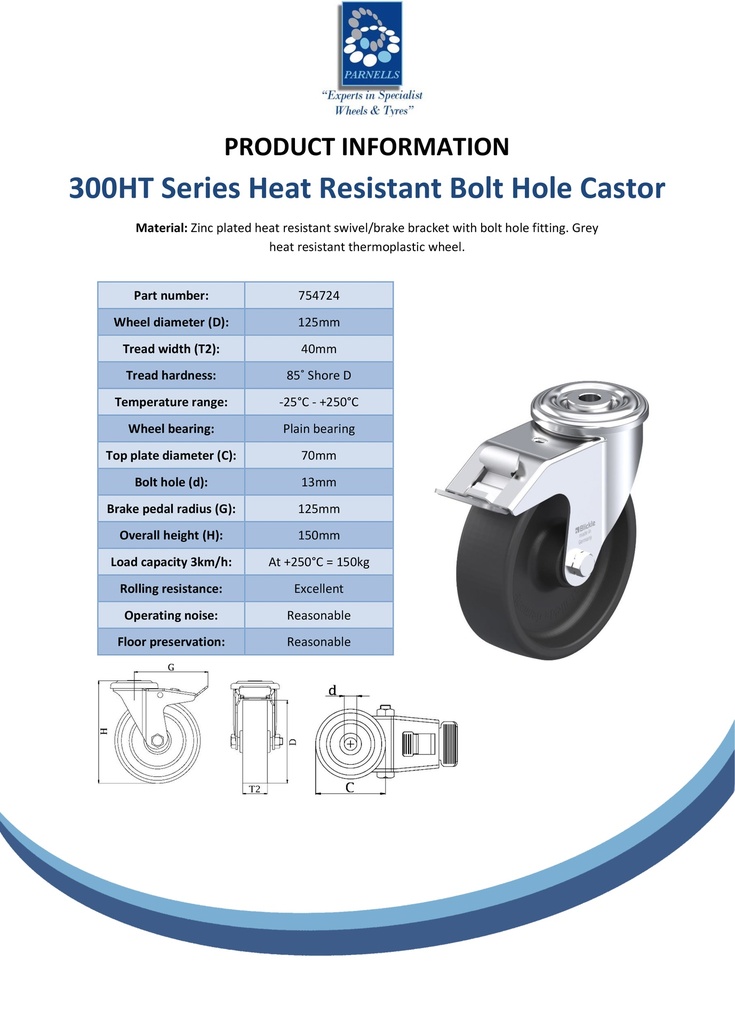 300HT series 125mm swivel/brake bolt hole 13mm castor with heat resistant thermoplastic plain bearing wheel 150kg - Spec sheet