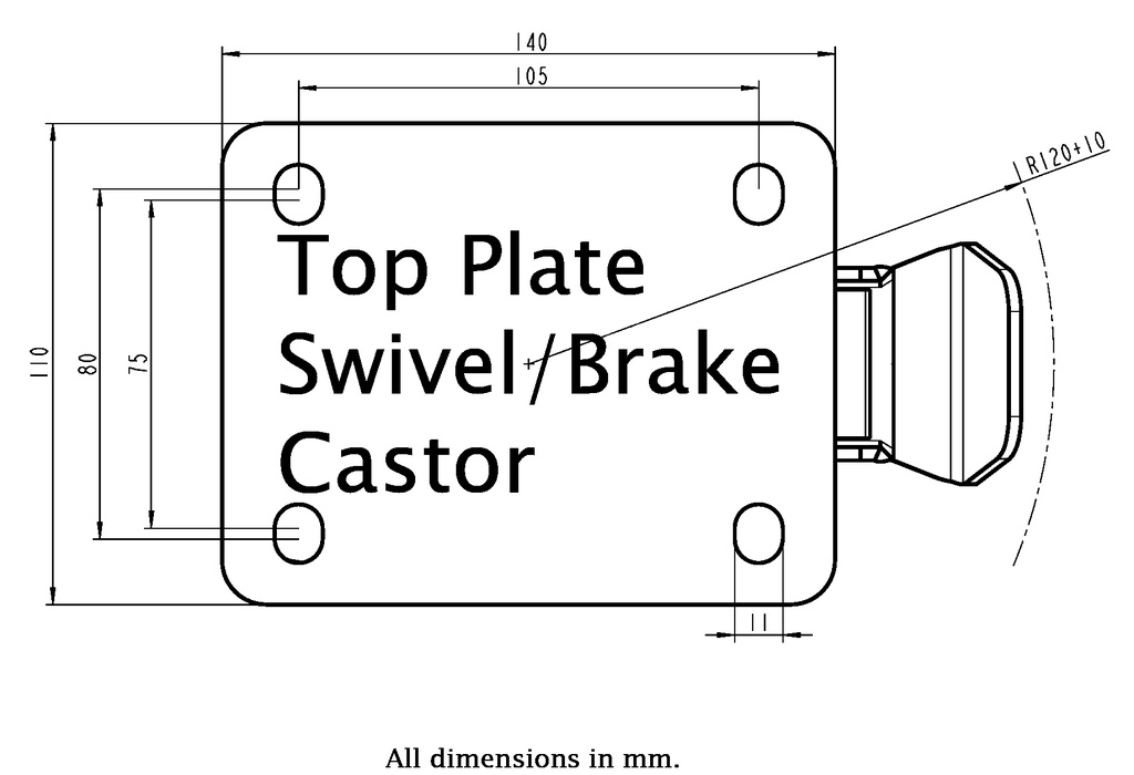 LS series 125mm swivel/brake top plate 140x110mm - Plate drawing