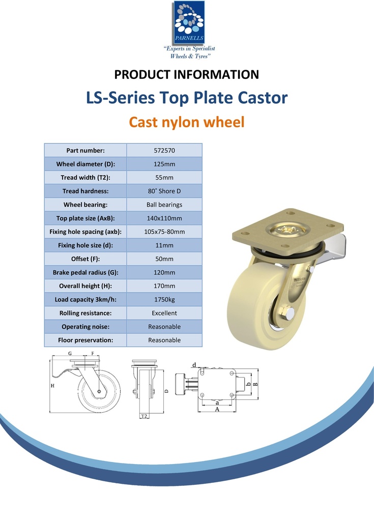 LS series 125mm swivel/brake top plate 140x110mm castor with cast nylon ball bearing wheel 1750kg - Spec sheet