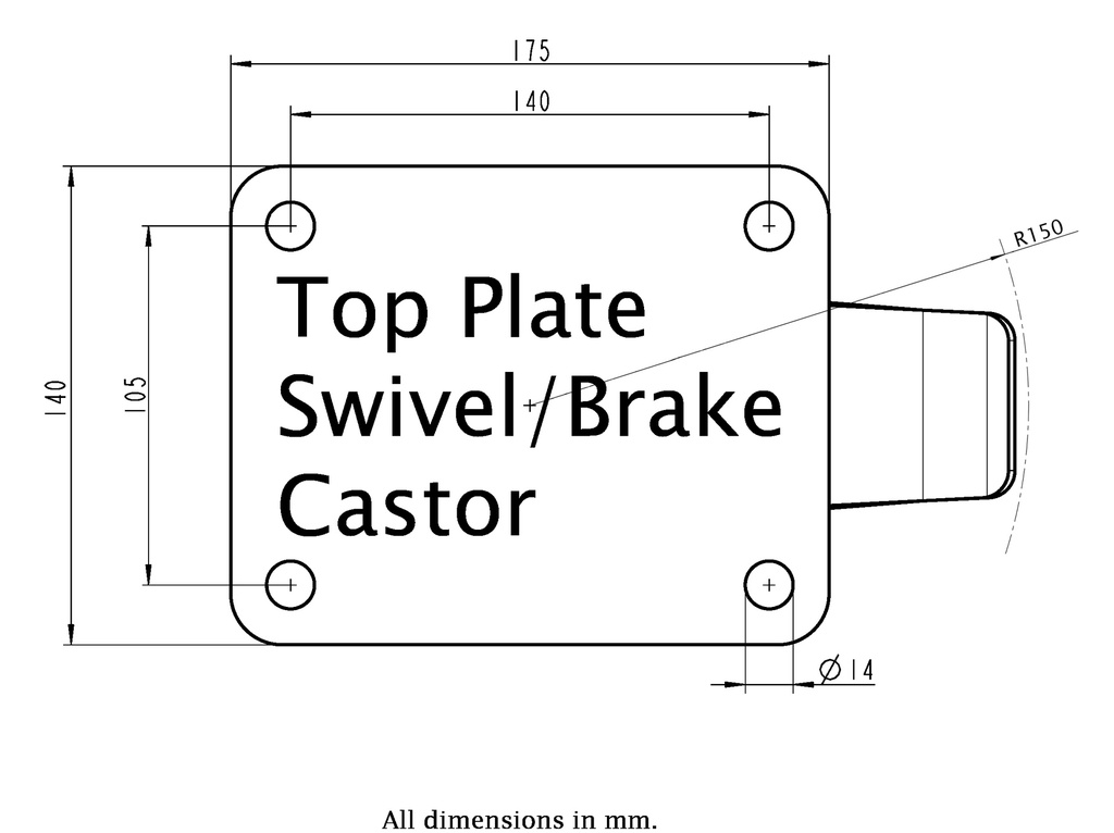 LS series 150mm swivel/brake top plate 175x140mm - Plate drawing