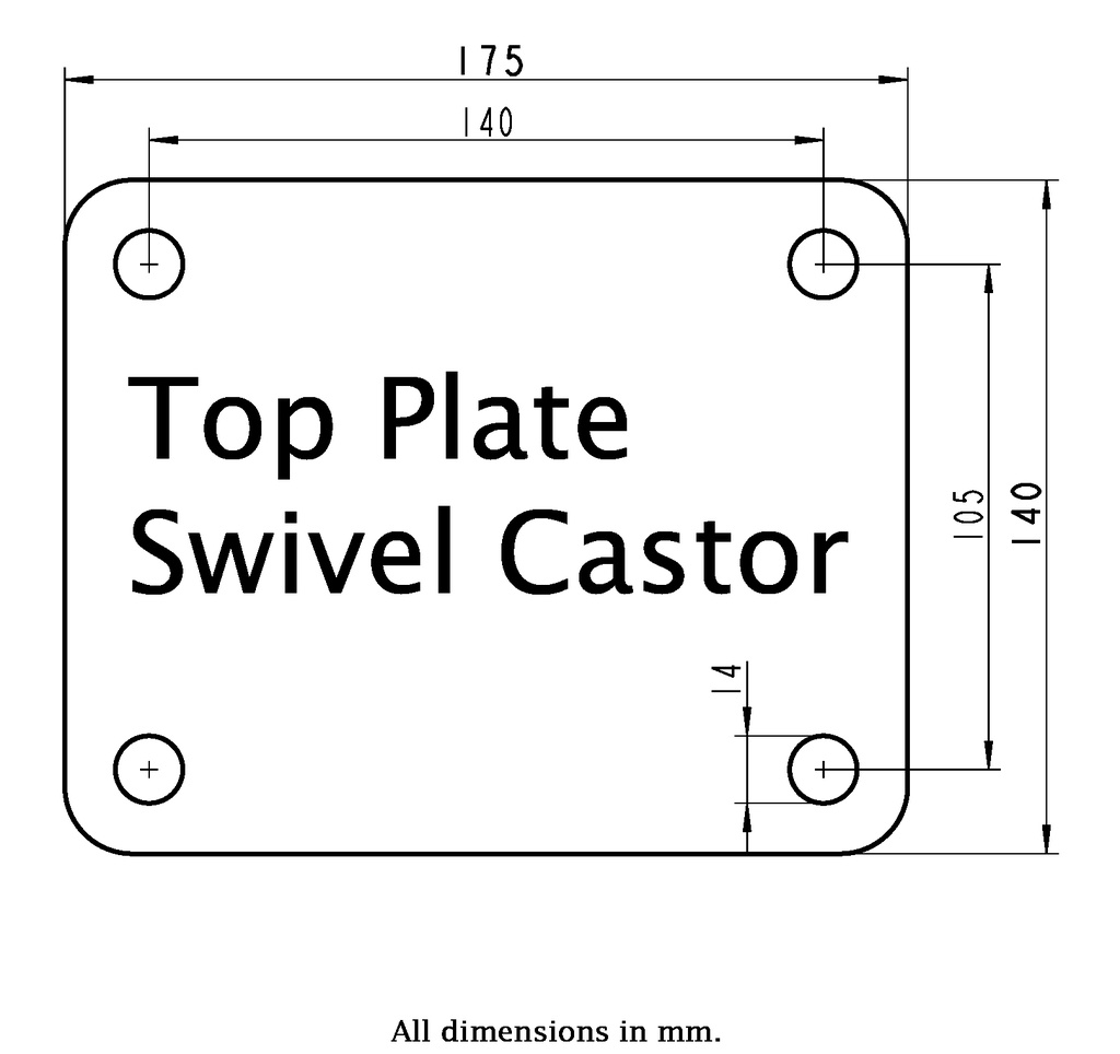 LS series 200mm swivel top plate 175x140mm castor with cast nylon ball bearing wheel 3000kg - Plate drawing