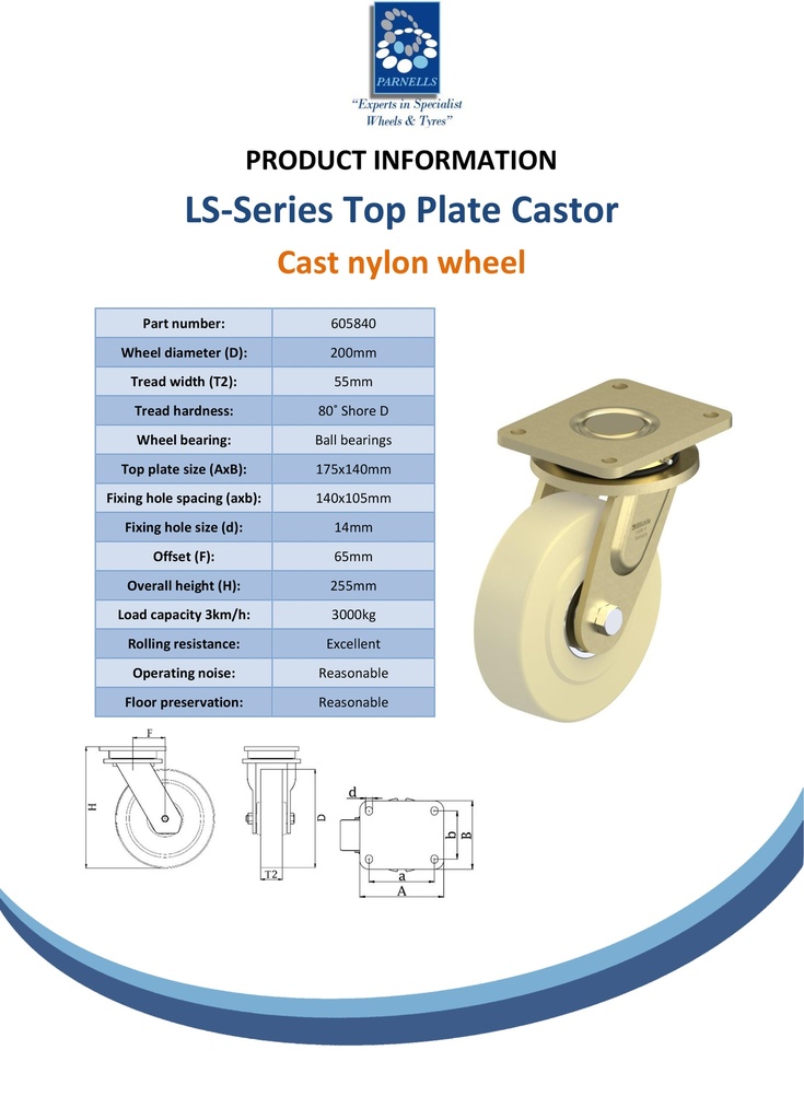 LS series 200mm swivel top plate 175x140mm castor with cast nylon ball bearing wheel 3000kg - Spec sheet