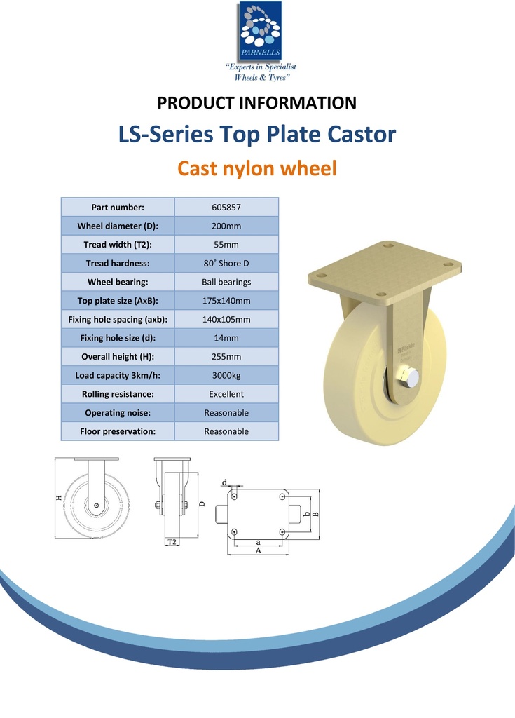 LS series 200mm fixed top plate 175x140mm castor with cast nylon ball bearing wheel 3000kg - Spec sheet