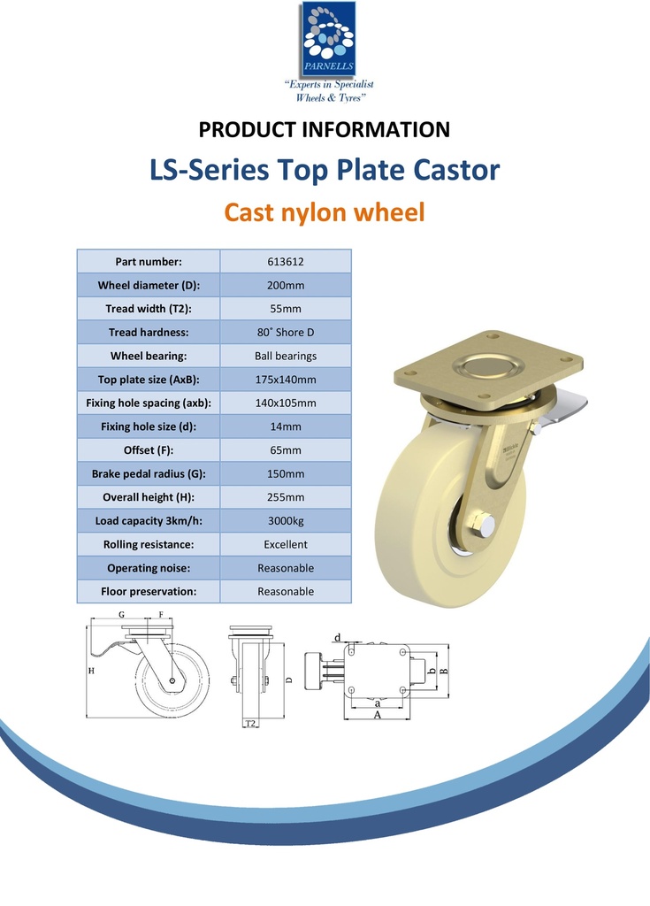 LS series 200mm swivel/brake top plate 175x140mm castor with cast nylon ball bearing wheel 3000kg - Spec sheet