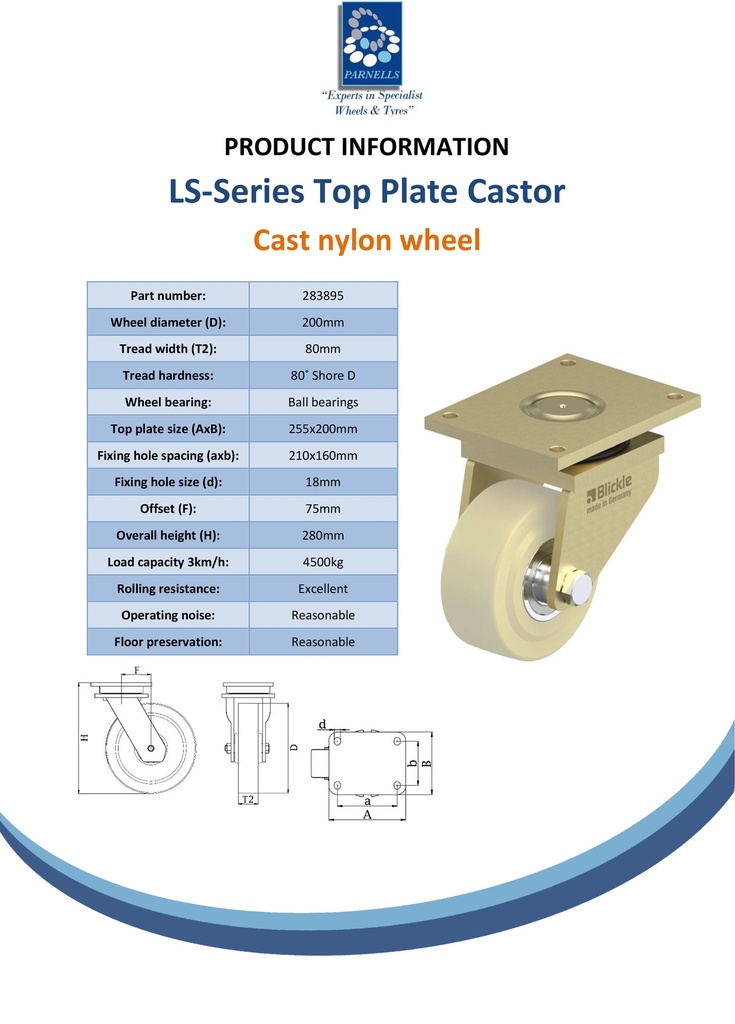 LS series 200mm swivel top plate 255x200mm castor with cast nylon ball bearing wheel 4500kg - Spec sheet