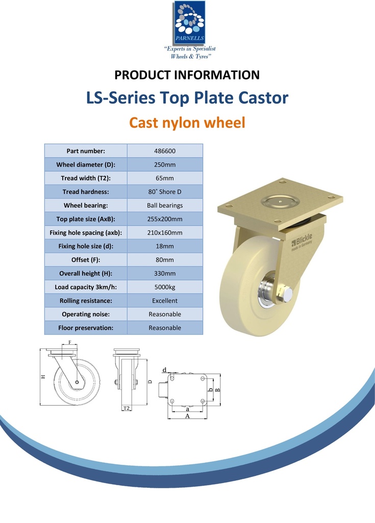 LS series 250mm swivel top plate 255x200mm castor with cast nylon ball bearing wheel 5000kg - Spec sheet