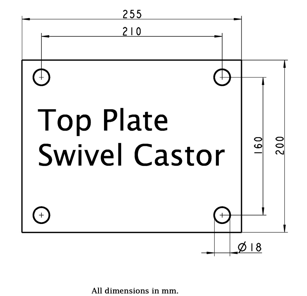 LS series 250mm swivel top plate 255x200mm - Plate drawing