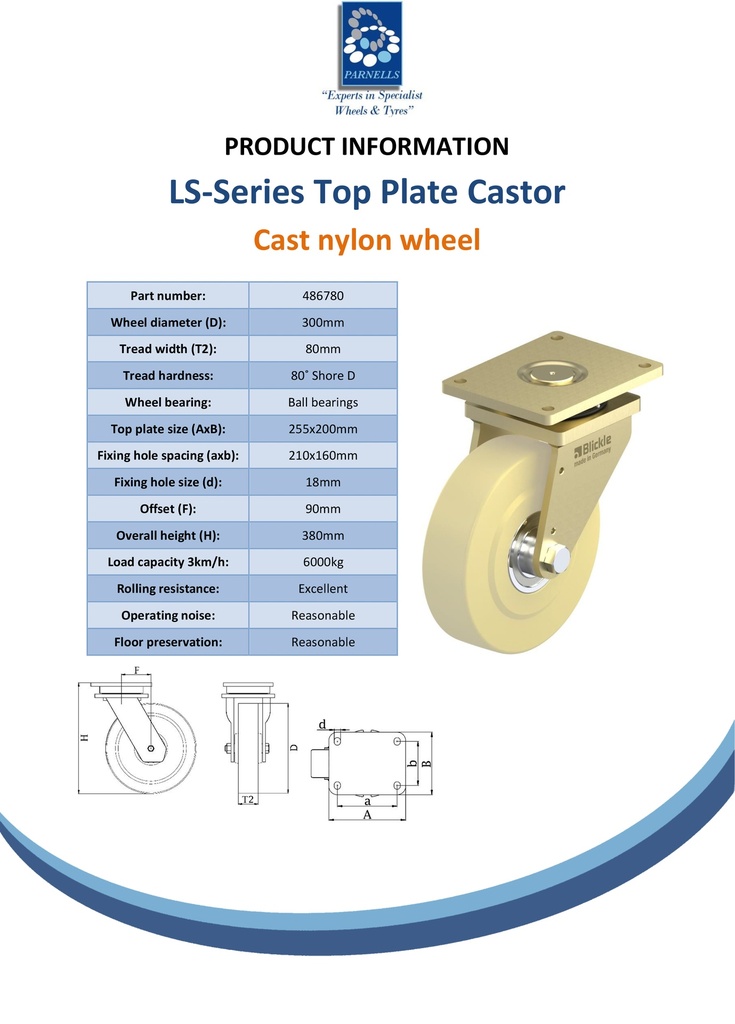 LS series 300mm swivel top plate 255x200mm castor with cast nylon ball bearing wheel 6000kg - Spec sheet