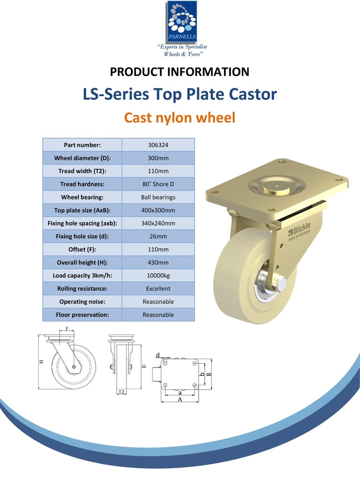 LS series 300mm swivel top plate 400x300mm castor with cast nylon ball bearing wheel 10000kg - Spec sheet