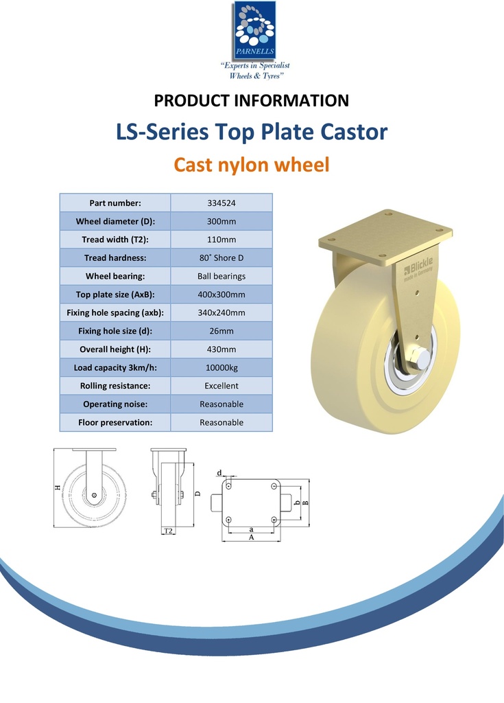 LS series 300mm fixed top plate 400x300mm castor with cast nylon ball bearing wheel 10000kg - Spec sheet