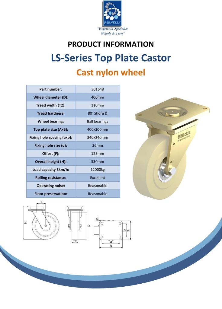 LS series 400mm swivel top plate 400x300mm castor with cast nylon ball bearing wheel 12000kg - Spec sheet