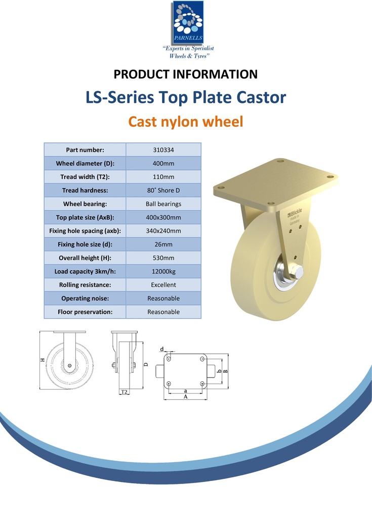 LS series 400mm fixed top plate 400x300mm castor with cast nylon ball bearing wheel 12000kg - Spec sheet