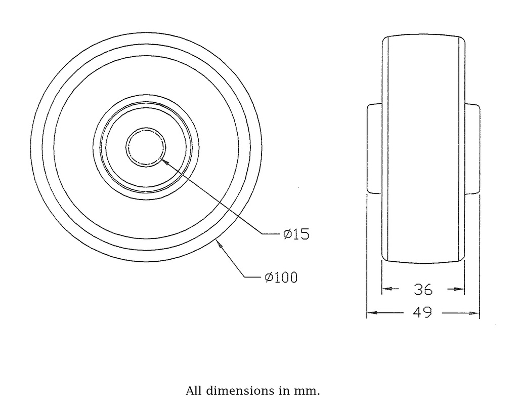 Wheel series 100mm polyurethane on nylon centre 15mm bore hub length 49mm roller bearing - Wheel drawing