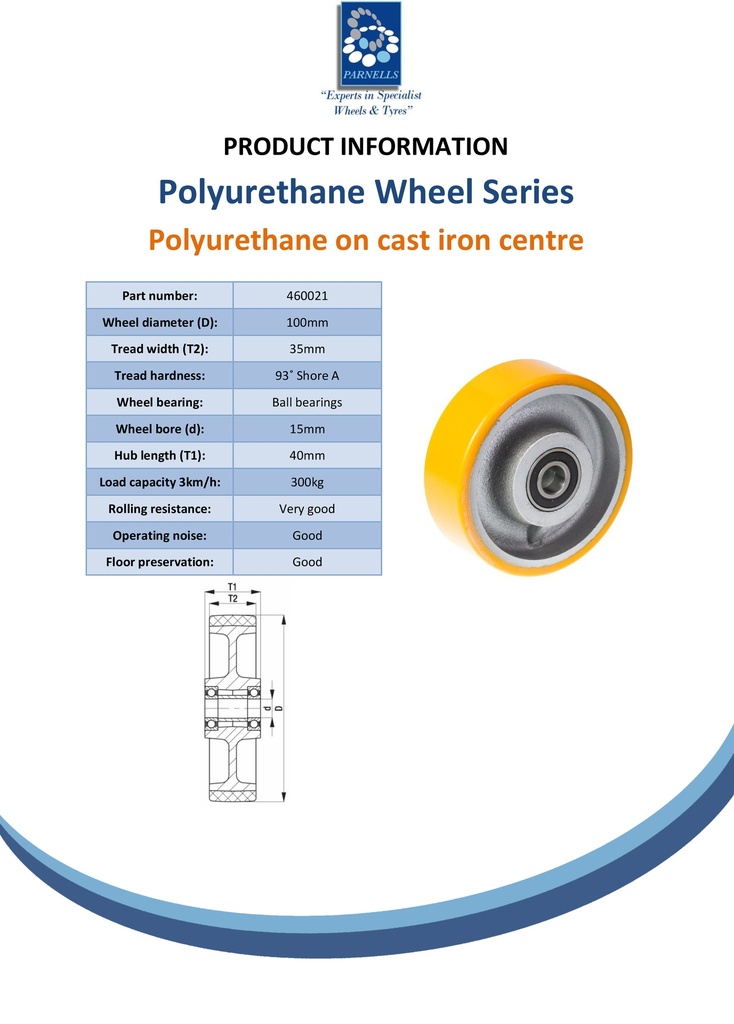 Wheel series 100mm yellow polyurethane on cast iron centre 15mm bore hub length 40mm ball bearing 250kg - Spec sheet
