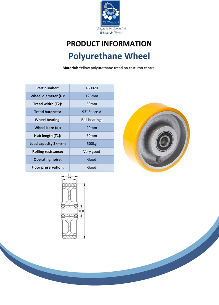 Wheel series 125mm yellow polyurethane on cast iron centre 20mm bore hub length 60mm ball bearing 500kg - Spec sheet