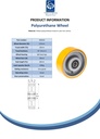 Wheel series 125mm yellow polyurethane on cast iron centre 20mm bore hub length 60mm ball bearing 500kg - Spec sheet