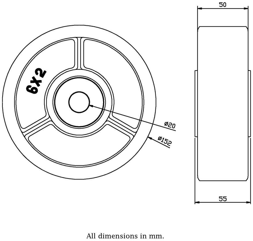 Wheel series 152mm red polyurethane on cast iron centre 20mm bore hub length 55mm ball bearing 500kg - Wheel drawing